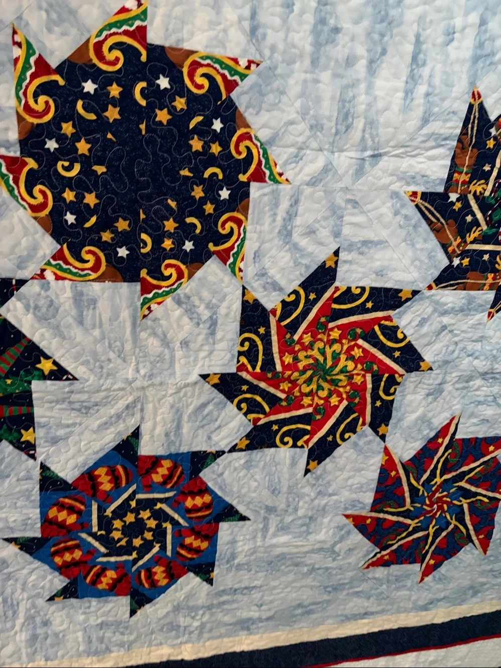 Handmade Starburst Christmas Patchwork Quilt - Blue with Multicolor Stars